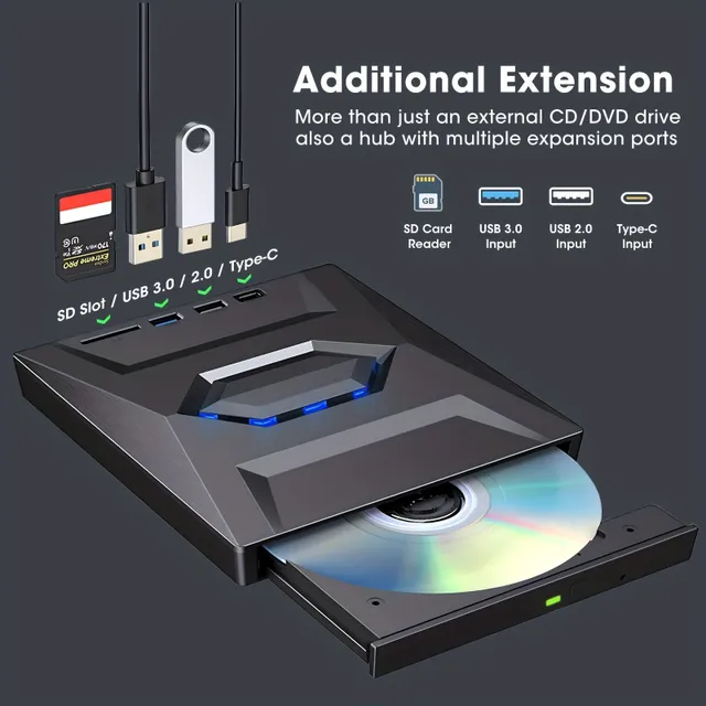 Thin external DVD drive 6v1 USB 3.0 for reading writing and playing disks - for laptops and computers