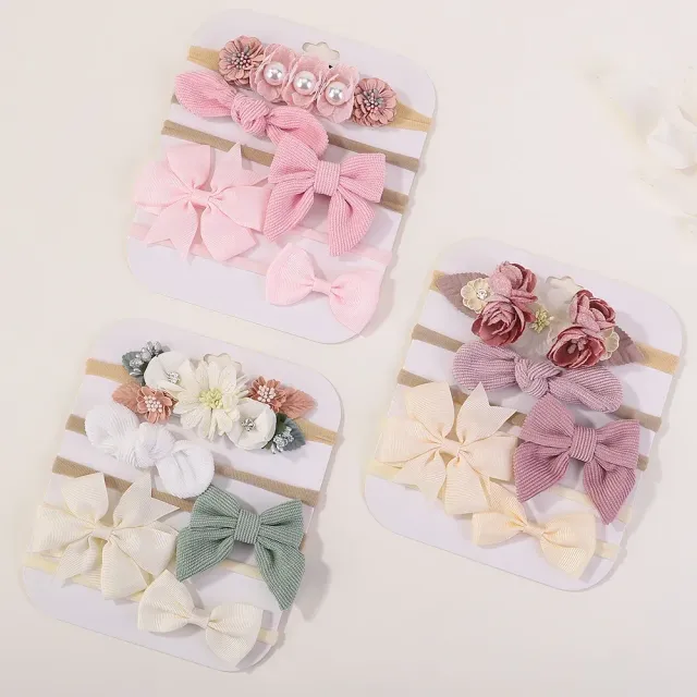 Bentițe elastice pentru bebeluși cu fundițe și flori - mai multe variante, set de 5 bucăți