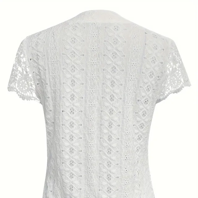 Women's casual T-shirt with short sleeve, neckline with cut-out and lace, button-on, suitable for spring and summer