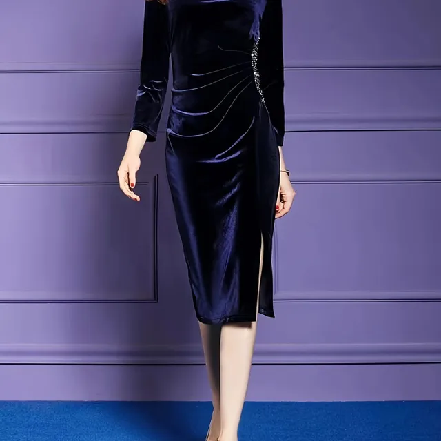 Velvet dress with contrasting trim, heel neckline, long sleeves, slitting and cuffing - elegant dress on the figure