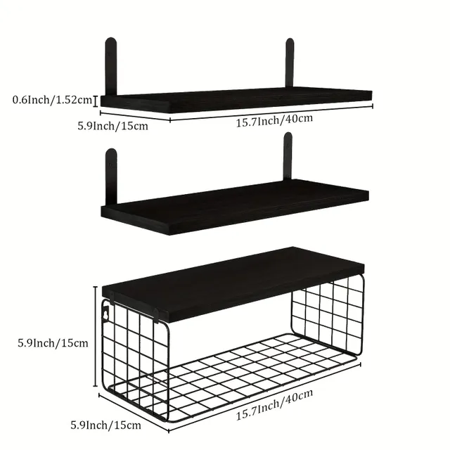 1 set of bathroom shelves above toilet, black floating bathroom shelves wall with wire basket, wooden floating shelves for wall decoration, bathroom wall shelves, wall shelves for bathroom