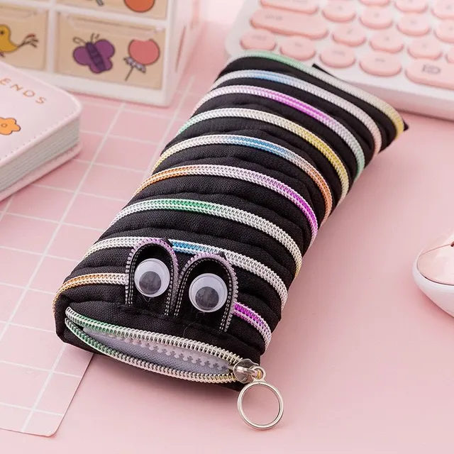Original modern one-colour funny school pencil case in the shape of a cute worm with moving eyes