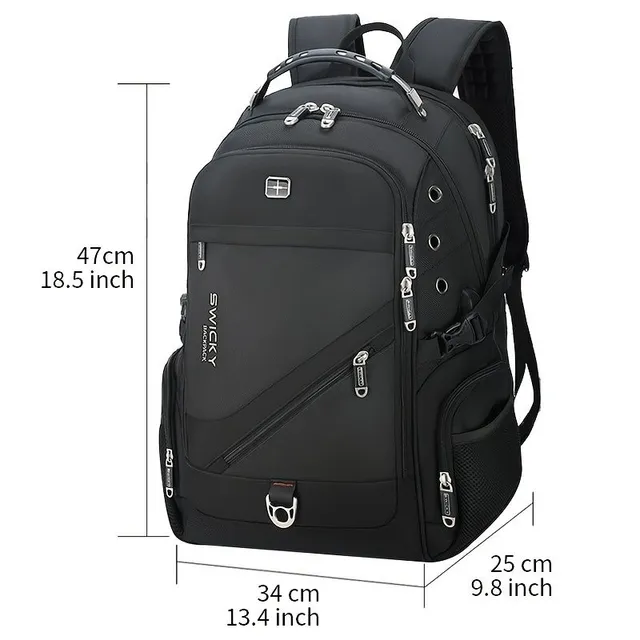 Black laptop backpack - big travel backpack for students, entrepreneurs with USB charging port