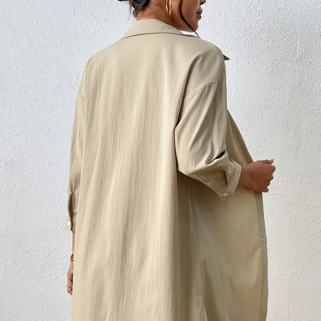 Celodĺžka príležitostná dvojdielna súprava, gombíková predná košeľa s golierom a strečing elastické opaskové šortky, dámske oblečenie