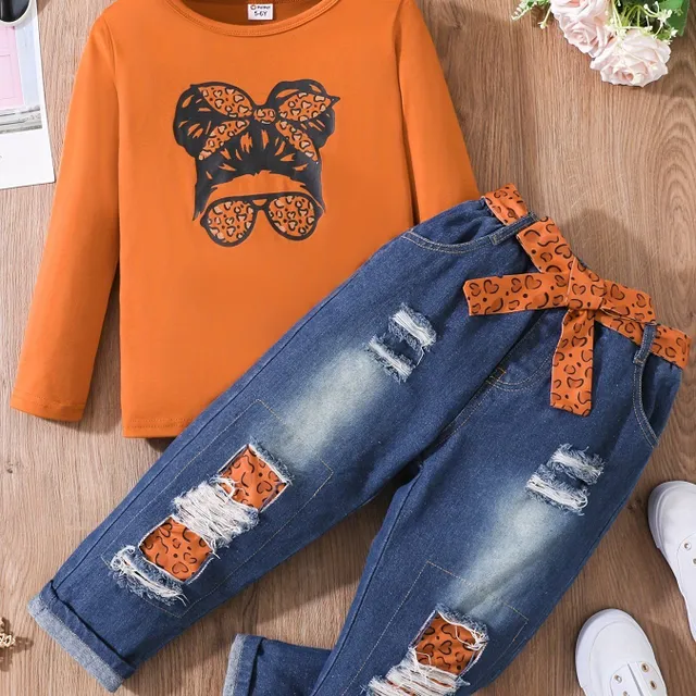 3-piece set for girls - Long Sleeve with printing + Torn jeans with belt