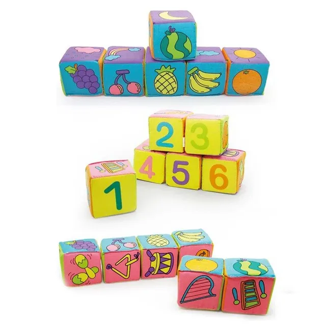 6dílná sada látkových stavebních bloků pro nejmenší děti - naučné kostky s obrázky a číslicemi