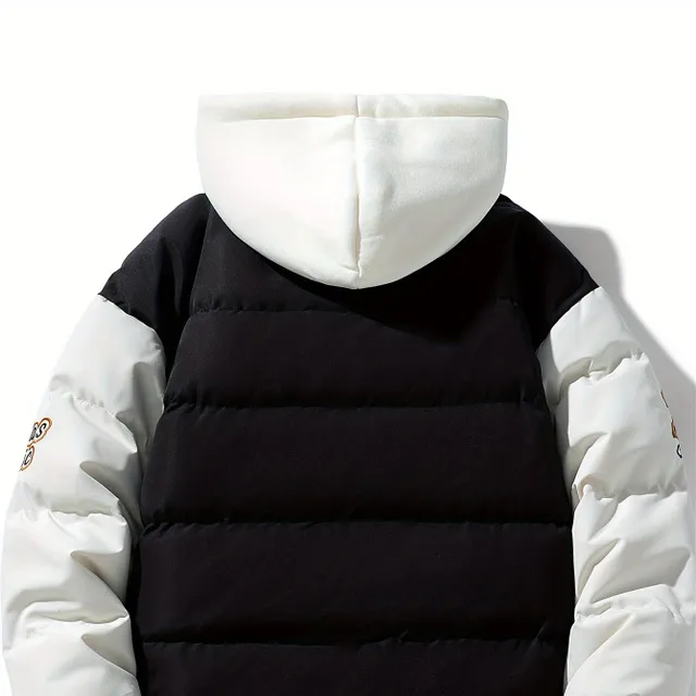 Men's warm quilted jacket with hood, colorful blocks, ideal for autumn/winter