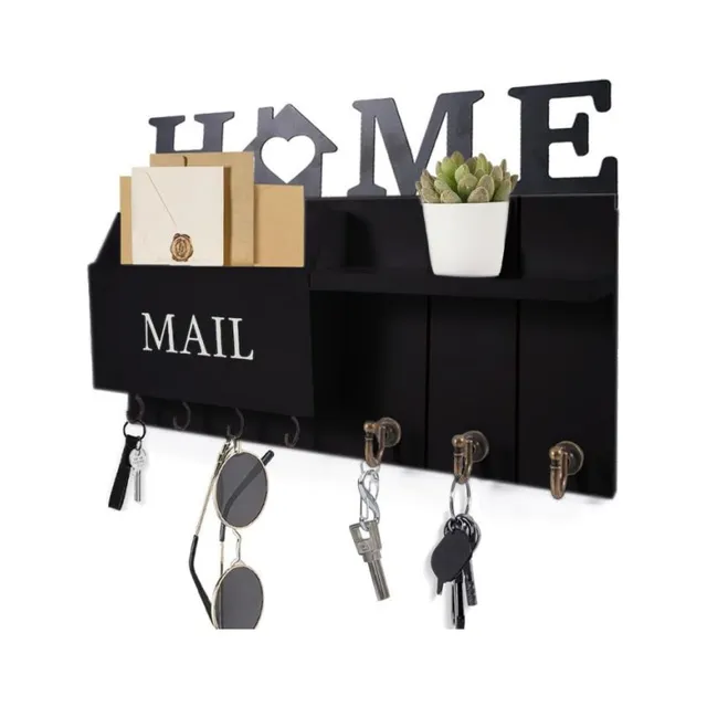 Wall mounted mail organiser with hooks