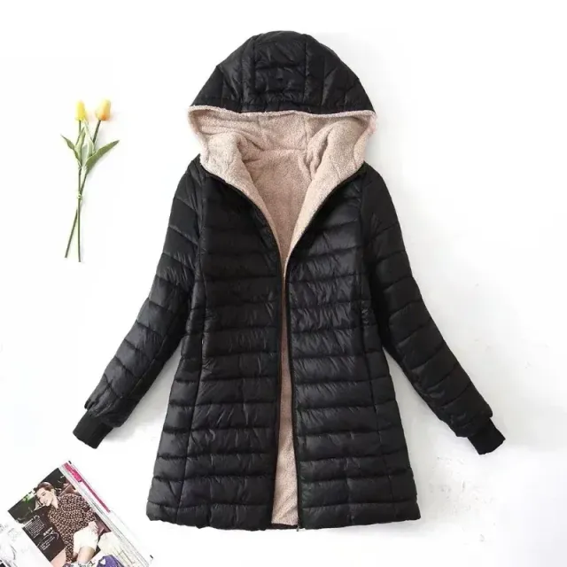 Women's winter middle-length Korean coat with hood and fleece lining made of cotton