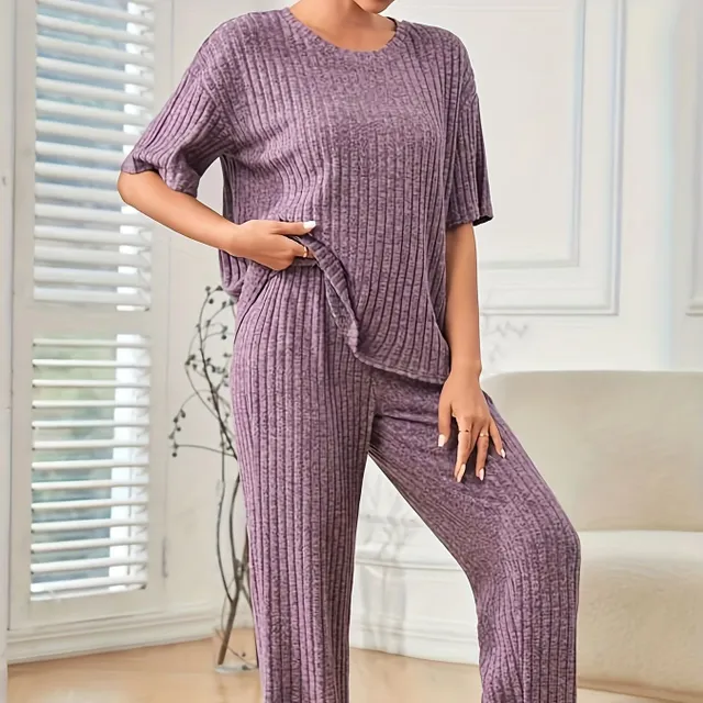 Women's two-piece set, single-colour ribbed knit, short sleeves, round neckline and trousers with hem