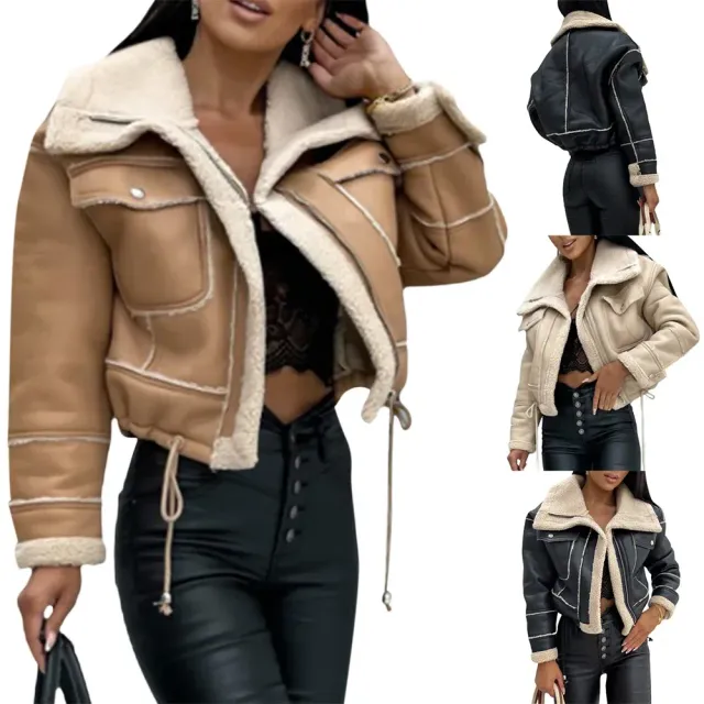 Women's warm jacket with leather patch - short cut, luxury outerwear