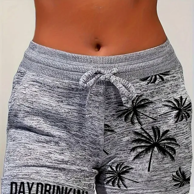 Shorts with coconut palm and waistline printing, lager shorts with double pockets - Women's clothing