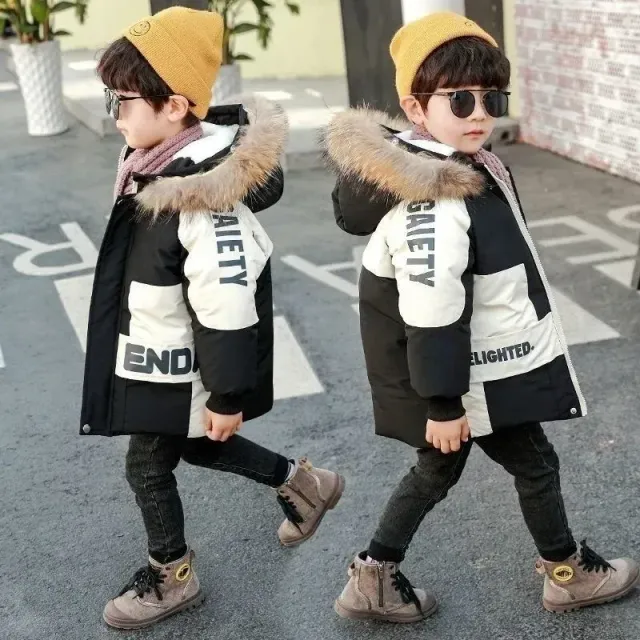 Warm winter jacket for boys with fur collar and hood made of cotton and velvet, 2023