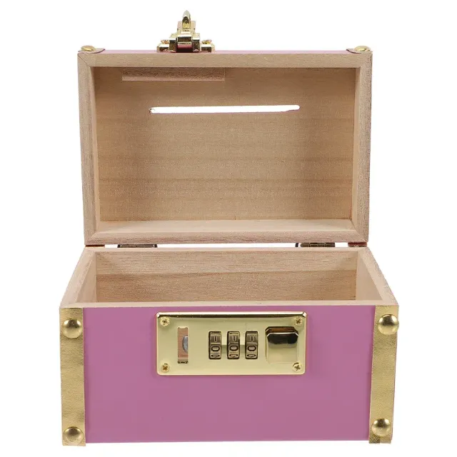 Modern wooden cash box for coins and banknotes - pink version, gold details, with code
