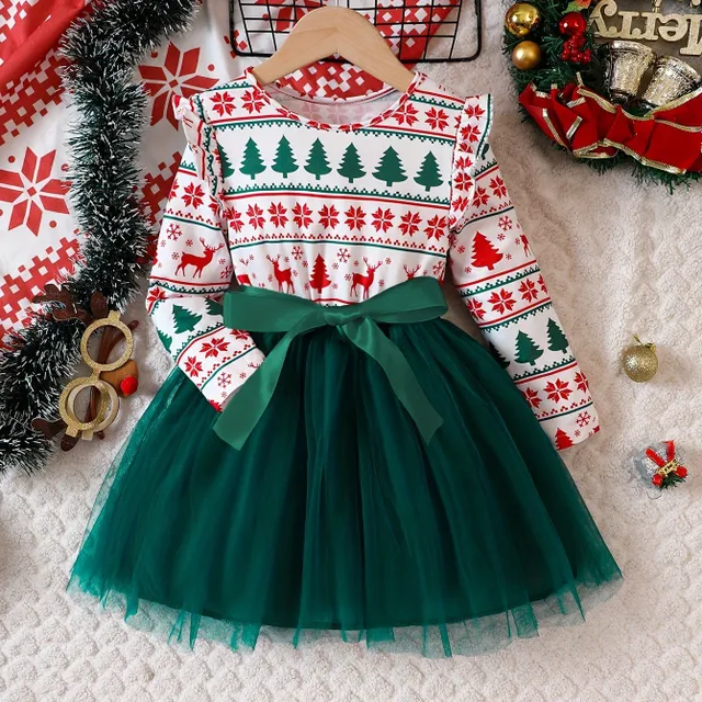 Christmas girls Tutu dress with tulle and long sleeves - elegant and festive dress for girls