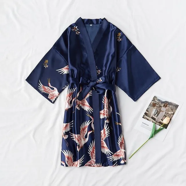 Ladies satin dressing gown with birds print navy S