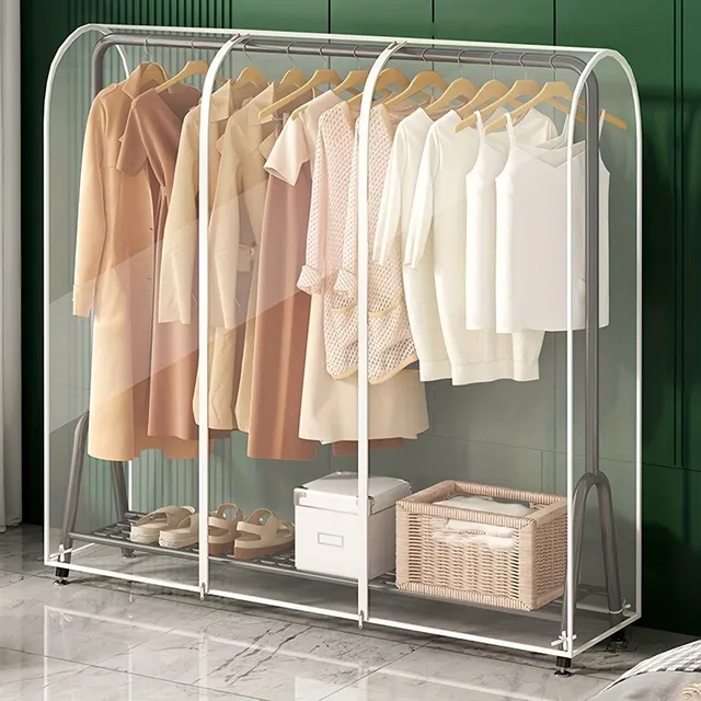 Transparent cover for clothing hanger, protection of home clothing from dust, double cover for standing hanger with removable partition