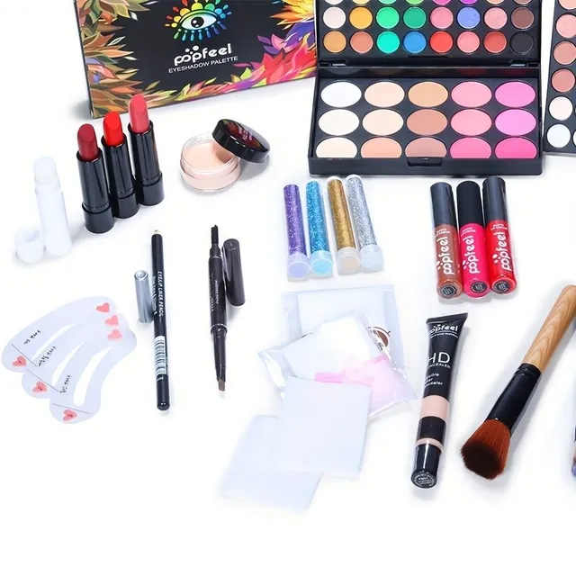 Complete makeup in one set! Palette of shadows, lip gloss, lipstick, proofreader, base, set of brushes. Charming gift!
