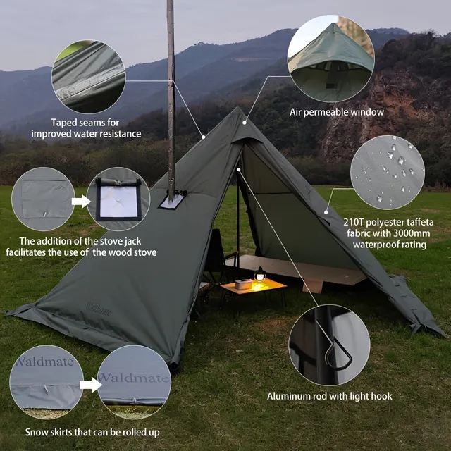Hot tent with stove and snow hem connection, Stand space 210,01 cm for 3-4 persons, Tipi Stan for family hiking, Fishing, Hunting, Hiking and Camping