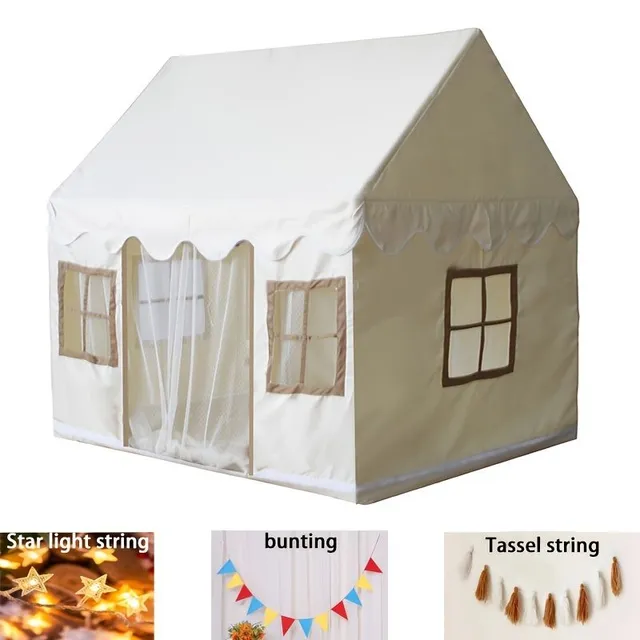 Big children's play tent with windows, light chains, flags and tassels