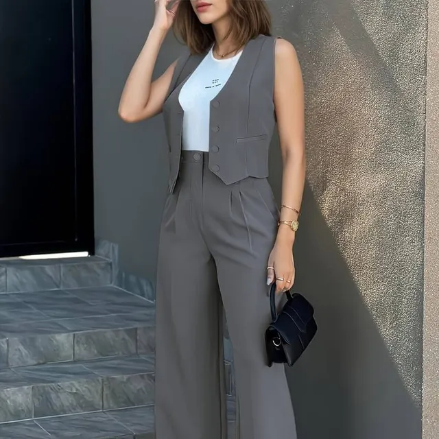 Set elegant din două piese: Vestă cu nasturi și pantaloni cu picior larg