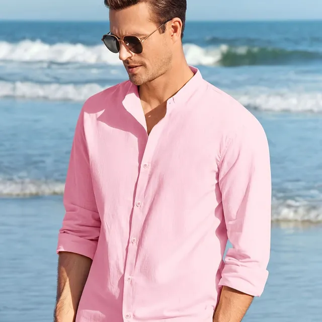 Men's shirt with long sleeve and collar type stand, monochrome, cotton-lined fabric, casual and elegant