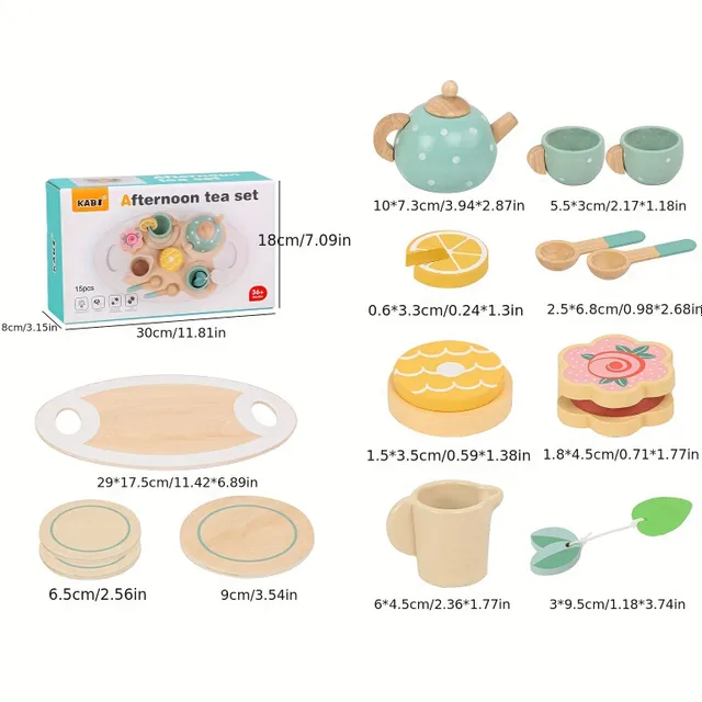 Dřevěné čajové nádobí s domečkem a dezertem - hra pro děti
