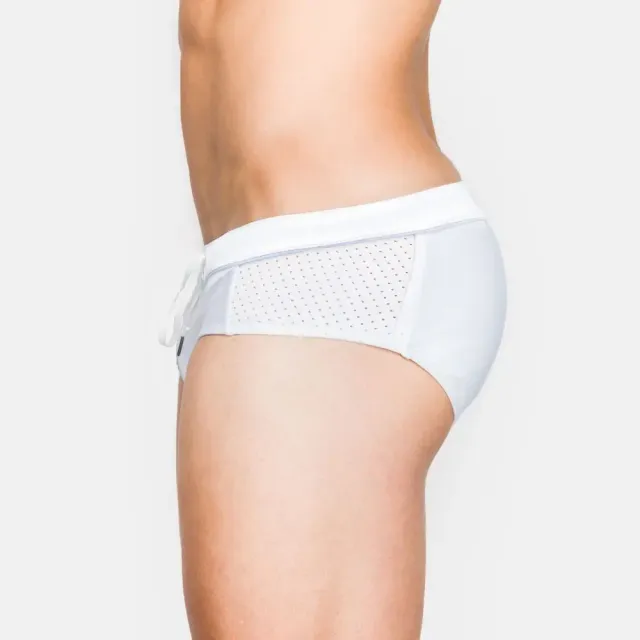 Men's white swim trunks with transparent elements