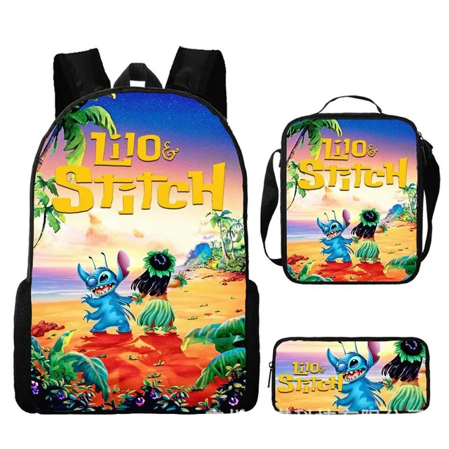 Set pentru copii cu 3 piese școlare cu motivele personajelor animate preferate Lilo și Stitch Rucsac / Geantă peste umăr / Penar