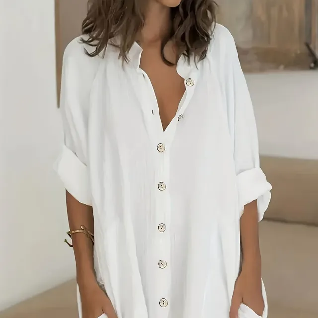 Beach shirt with long sleeve for buttons, simple monochrome, for women plus size