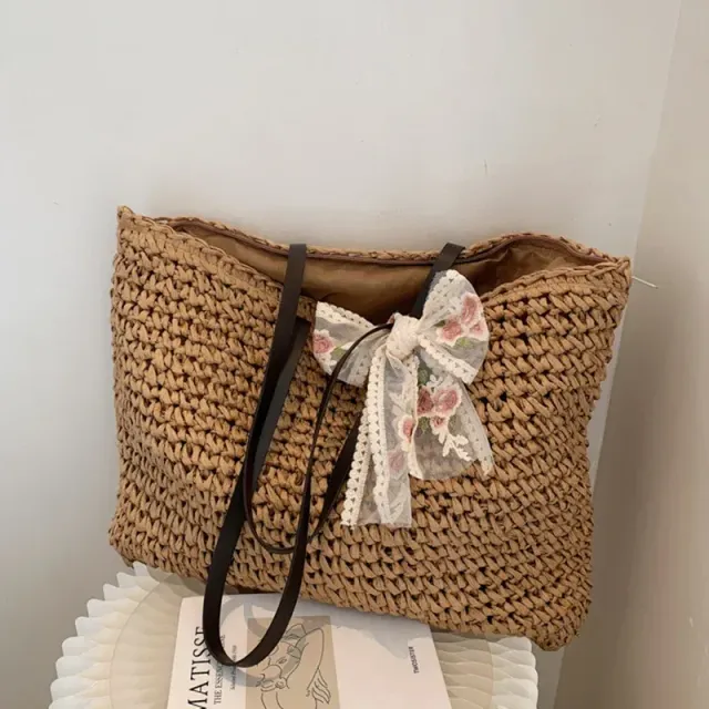 Summer big rattan bag with lace ribbon for women