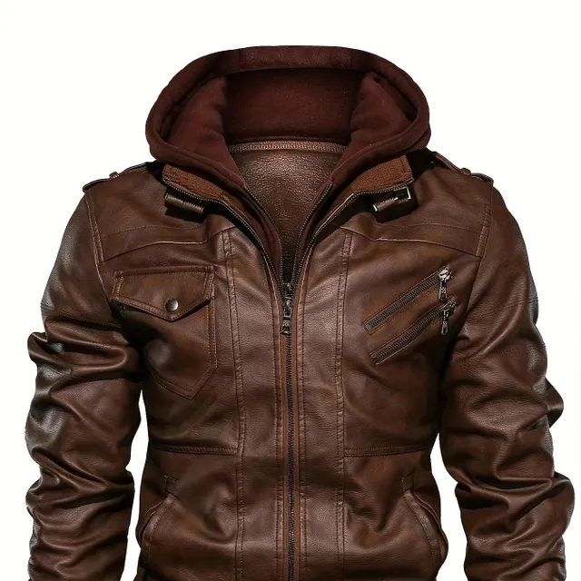 Men's leather jacket with hood, pockets and zipper