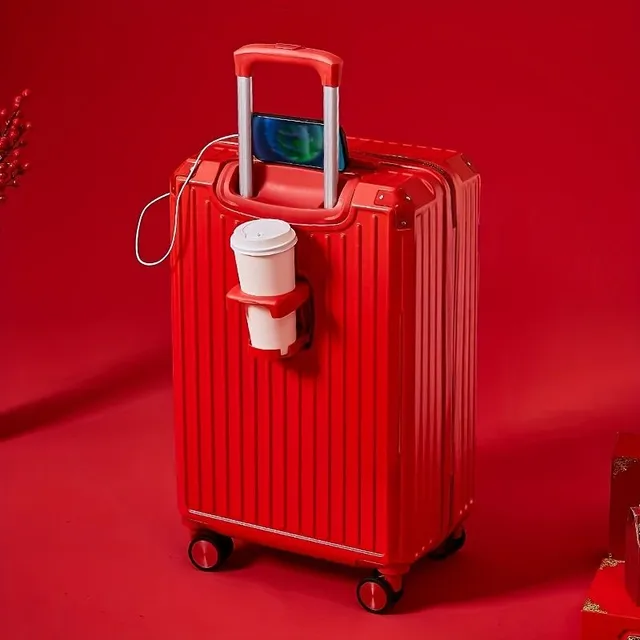 Retraktívny červený kufor - módny cestovný kufor s otočnými kolesami, kombinovaný zámok a držiak na nápoje