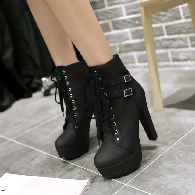 Women's ankle boots on block heel with lace, single color, fashionable and comfortable