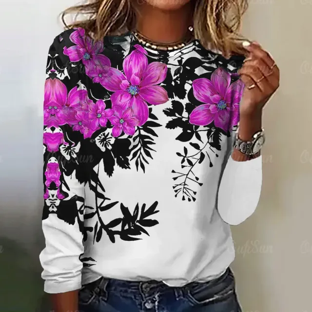 Women's long sleeve t-shirt with three-dimensional flower print - More variations