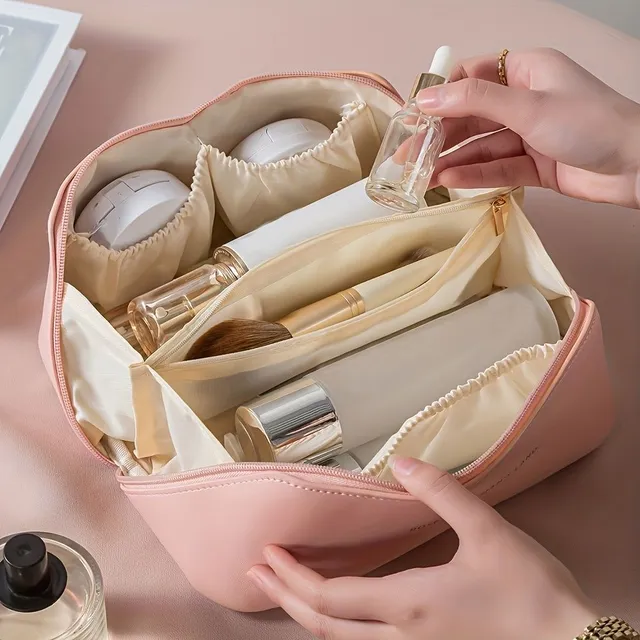 Velkokapacitní cestovní kosmetická taška, Vodotěsná cestovní toaletní taška na make-up, multifunkční úložná taška na make-up s rukojetí a přepážkami, taštička na make-up z PU kůže pro ženy