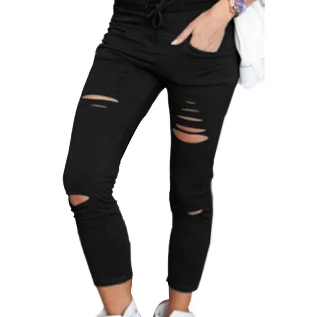 Women's skinny jeans with holes and drawstring