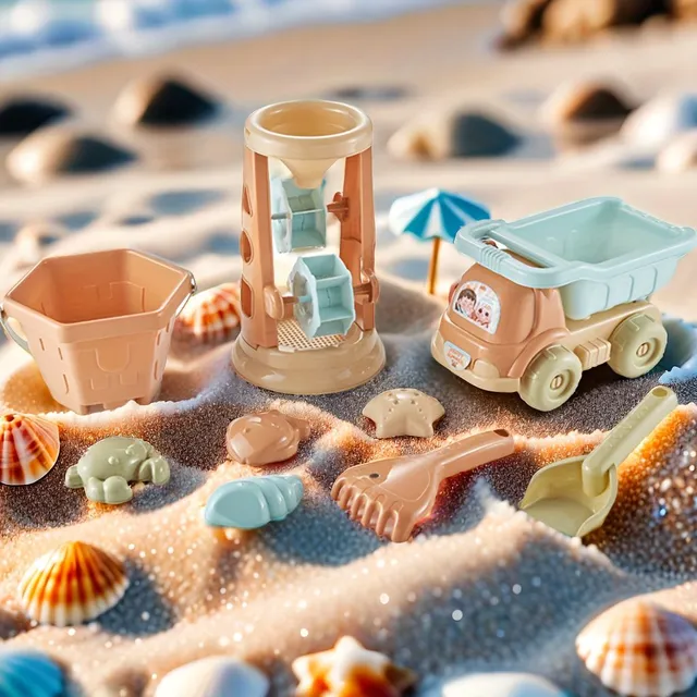 Beach set for small builders with shovel and hourglass