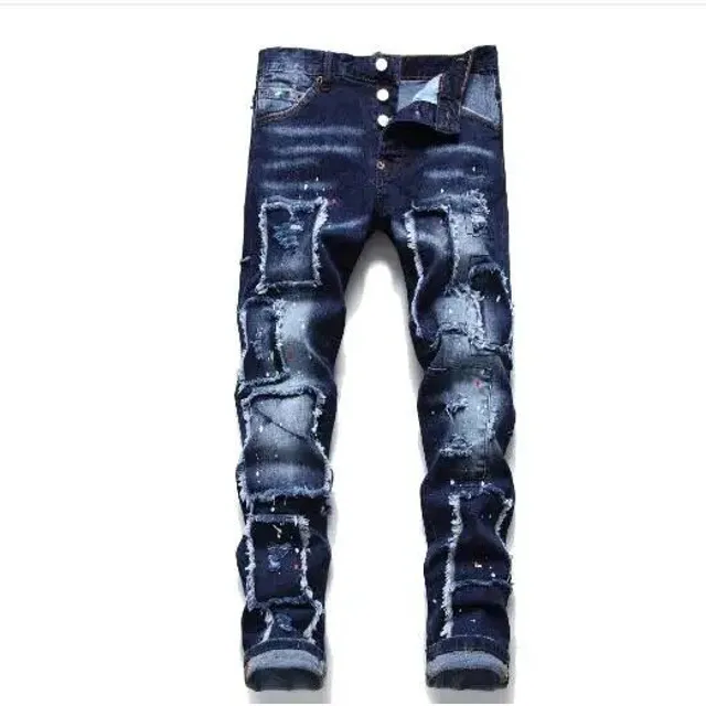 Men's blue skinny jeans with holes in Italian style - high quality men's slim fit jeans