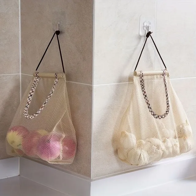 Hanging net bag for fruit and vegetables in the kitchen with a hang-up handcuff