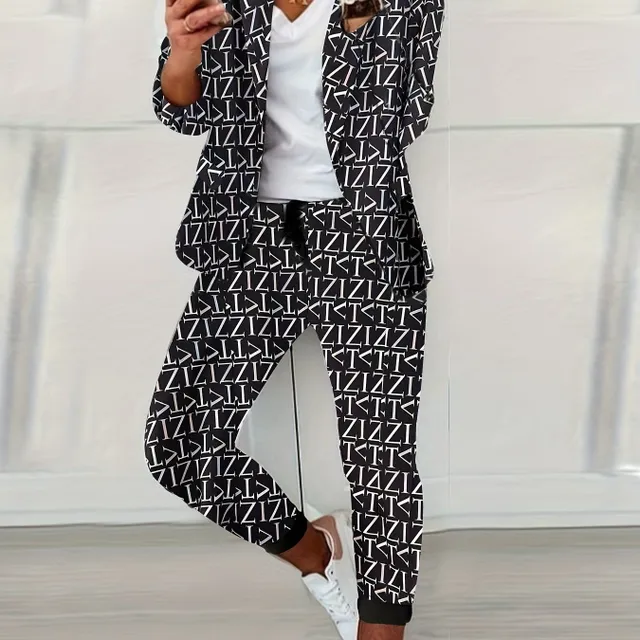 Women's two-piece set with printing, open jacket with long sleeve and trousers with drawstring