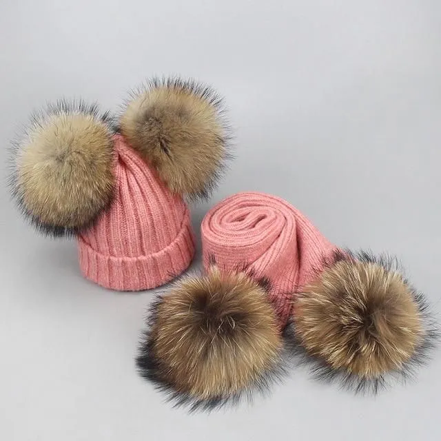 Cap and scarf set with pompoms