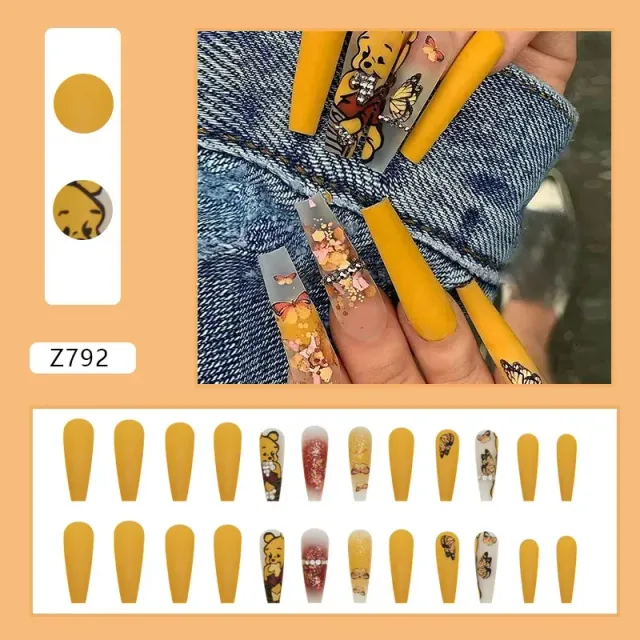 Modern sticky nails - long shape in ballerina style, yellow color, theme favorite characters