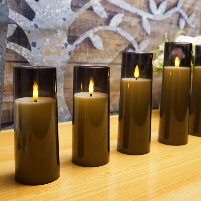 5pcs Flicker Flameless Candle, (H5,84cmxH12,7cm12,7cm15,24cm17,78cm20,32cm) With Remote Control and Timer, LED Candle For Christmas Halloween Wedding Decoration (grey)