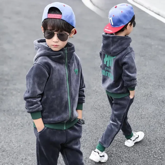 Children's double-piece suite made of Velura cloth with hood and letters for boys for autumn and winter