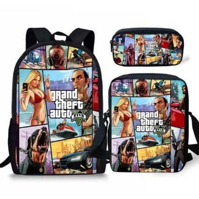 3ks/sada školských tašiek a peračníka s cool potlačou Grand Theft Auto