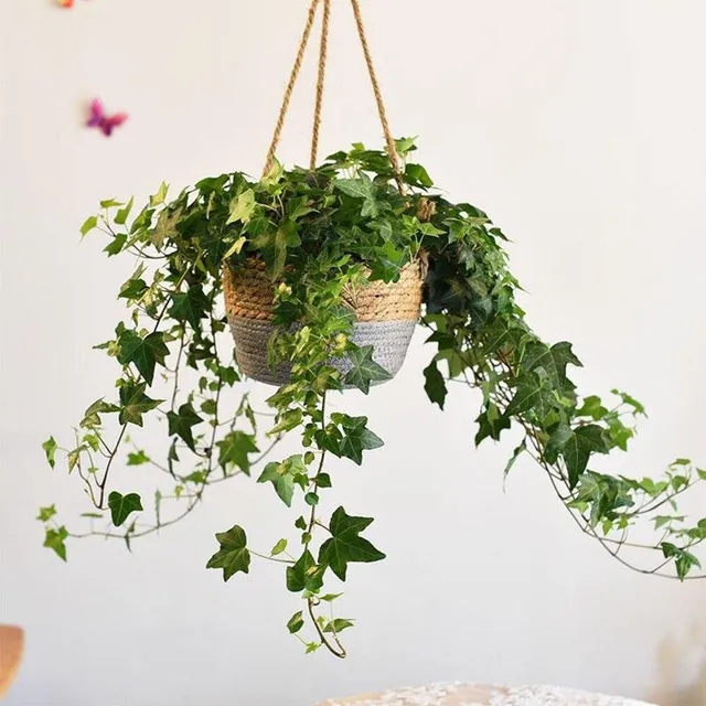 Basket for hanging pot made of woven jute rope