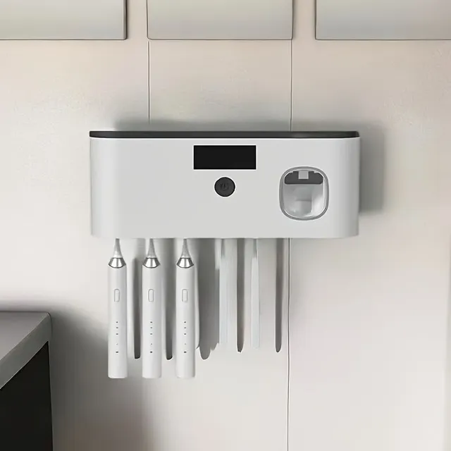 Multifunction stand for toothbrushes with UV disinfectant and dispenser