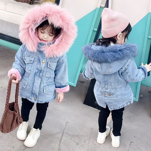 Džínsová zimná bunda s kožušinkou pre dievčatá