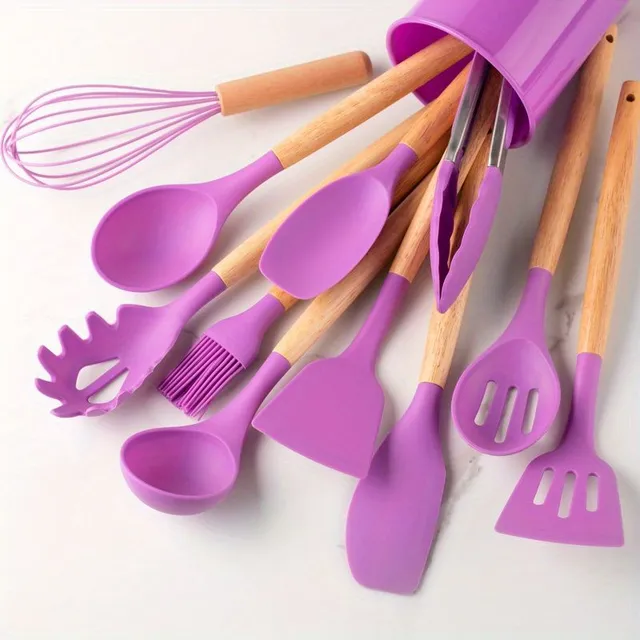 Ensemble de 12 pièces d'ustensiles en silicone, ensemble de cuisine kaki avec poignée en bois, ustensiles de cuisson sécurisés, ustensiles de cuisine avec surface antiadhésive, vaisselle moderne lavable, accessoires de cuisine, fournitures de cuisine, fournitures scolaires, retour à l'école